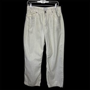 Zara Jeans Women’s 10 White w/Metallic Silver Shimmer High Rise Wide Leg